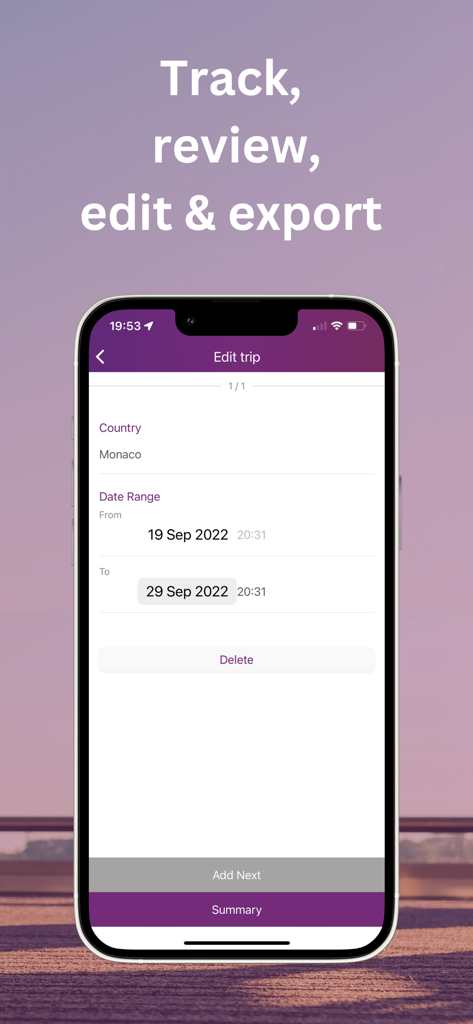 TrackingDays mobile app screen showing how to edit trip dates for residency tracking