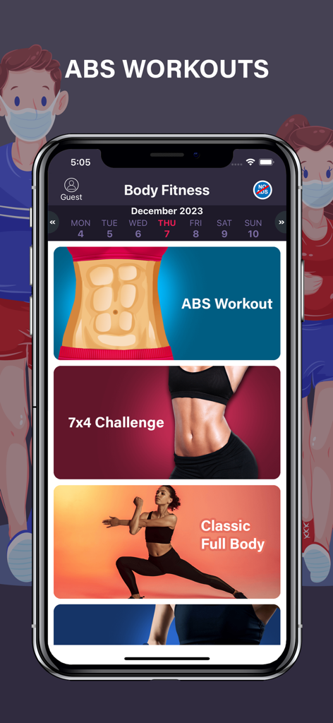 Abs Workout Fit Body Exercises - Una pantalla de aplicación móvil para fitness de abdominales y cuerpo con desafíos de entrenamiento diario y ejercicios de tonificación corporal