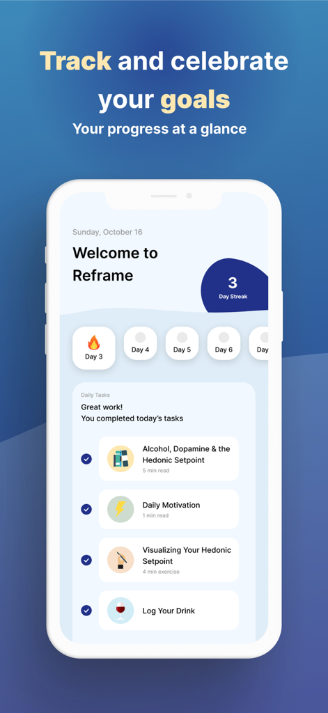 Reframe: Drink Less & Thrive - Interface de l'application mobile Reframe montrant une série de trois jours et des tâches quotidiennes de sobriété