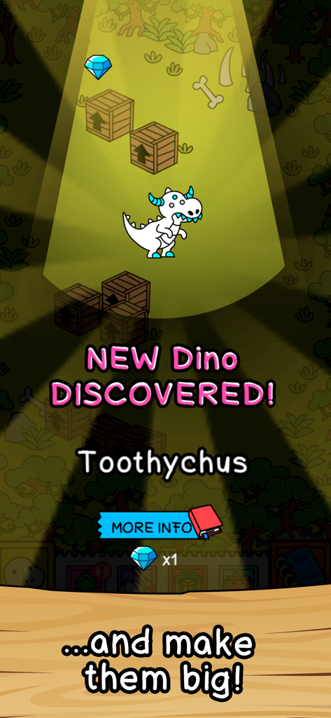 Dino Evolution: Dinosaur Game - 스포트라이트 아래에서 투쓰키쿠스라는 이름의 새로운 흰색 및 파란색 공룡을 발견하는 모습을 보여주는 디노 에볼루션 게임 스크린샷