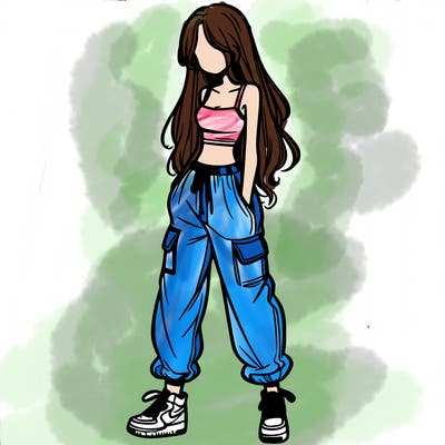 girl in baggy pants crop top and long hair