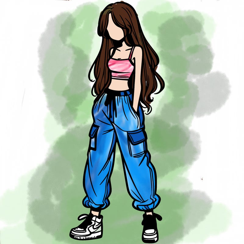 girl in baggy pants crop top and long hair