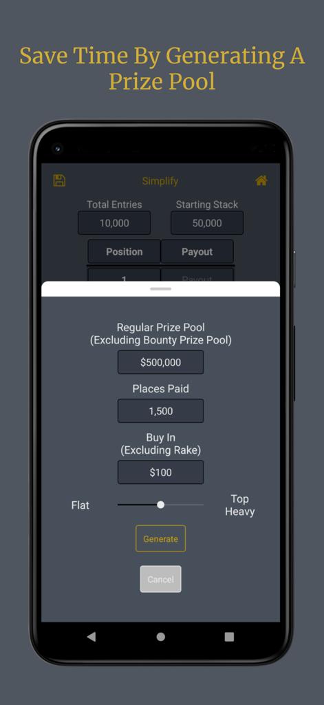 MB Poker Calculator Preispool-Generierungs-Oberfläche mit Eingaben für Gesamtpreispool und bezahlte Plätze