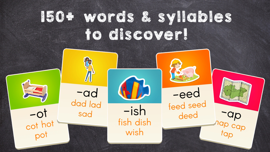 LetterSchool - Teach Spelling - Tarjetas educativas que muestran terminaciones de palabras y patrones de sílabas como ot ad e ish para niños