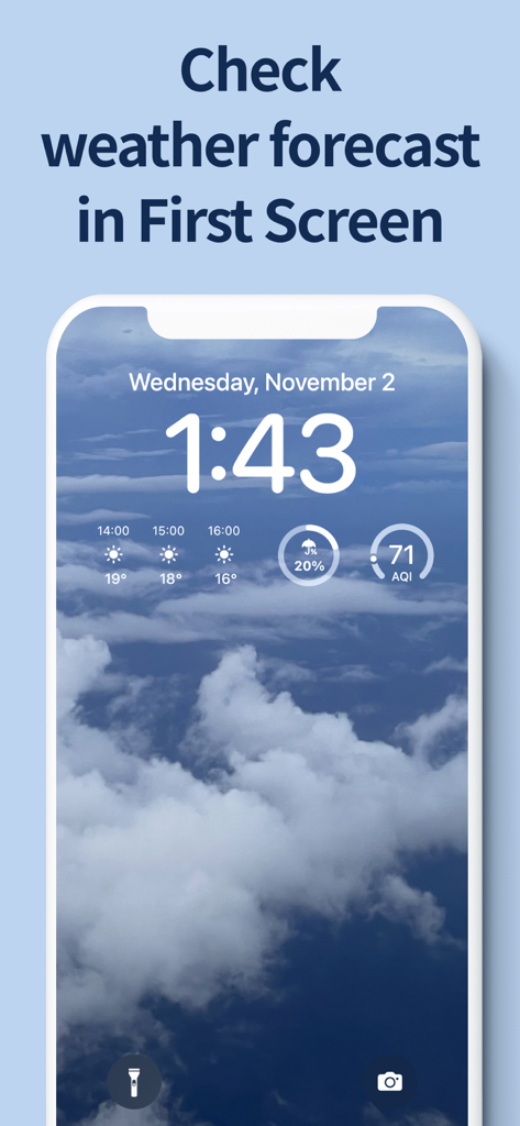 Pantalla de bloqueo del iPhone con widgets del tiempo para pronóstico por horas de precipitación y calidad del aire.