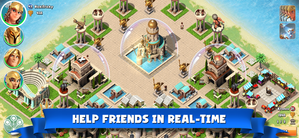 Gods of Olympus - Visão de cima para baixo de uma cidade grega antiga em Gods of Olympus com um banner destacando o jogo cooperativo em tempo real