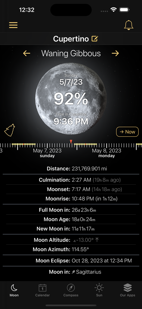Moon Phases and Lunar Calendar app interface showing a 92 percent waning gibbous moon and detailed astronomical data.