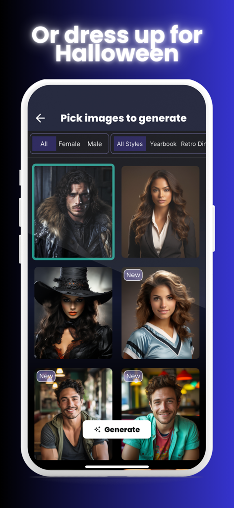 Interface do aplicativo AI Headshots mostrando uma galeria de vários estilos de fotos para gerar, incluindo retratos profissionais e de fantasia.