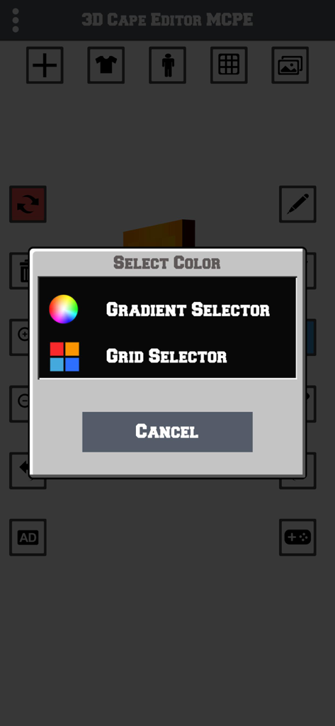 Cape Skin Editor For MCPE - A color selection menu in the 3D Cape Skin Editor for MCPE app showing options for gradient and grid selectors