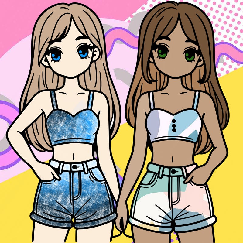 two sisters with crop tops and jean shorts and straight hair
