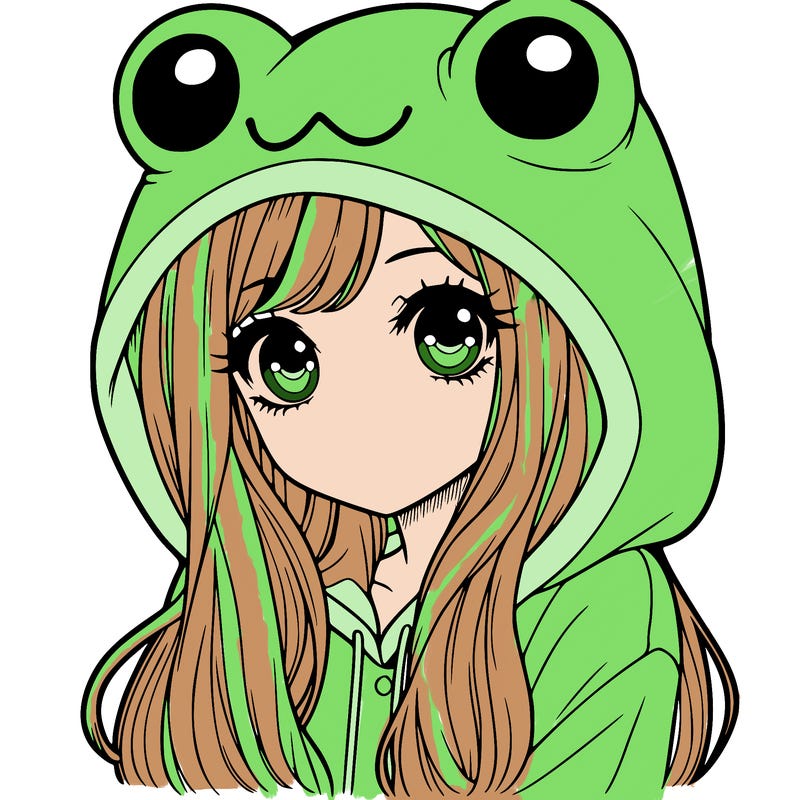 a pretty girl wearing a frog hoodie portrait with long hair