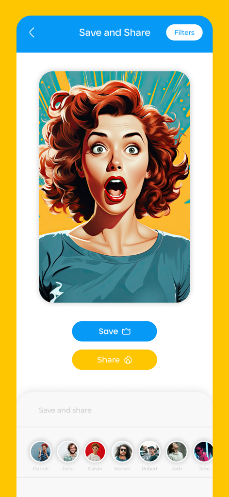 Toon Me - filter for selfie - Toon Me app interface displaying a pop-art cartoon filter on a woman portrait with save and share options