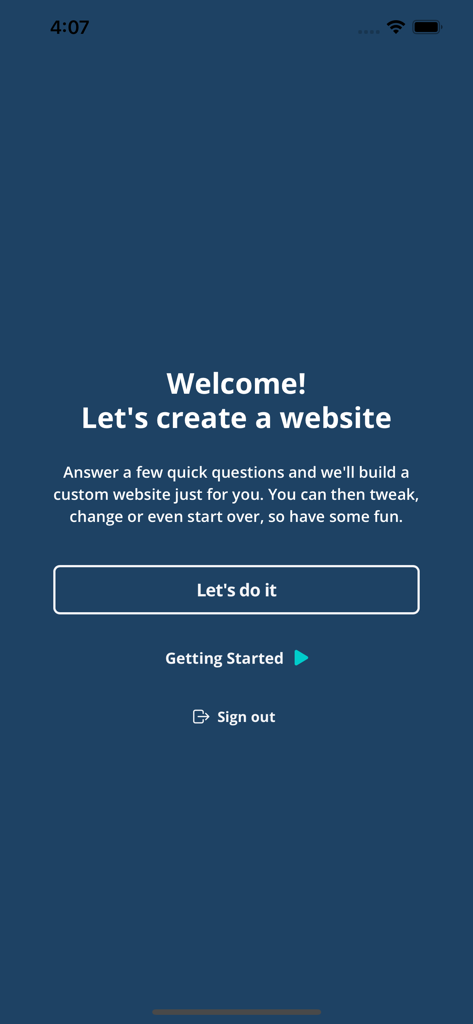 n8: Create. Sell. Refresh. - Willkommensbildschirm für die n8 App mit einer Handlungsaufforderung zum Erstellen einer Website