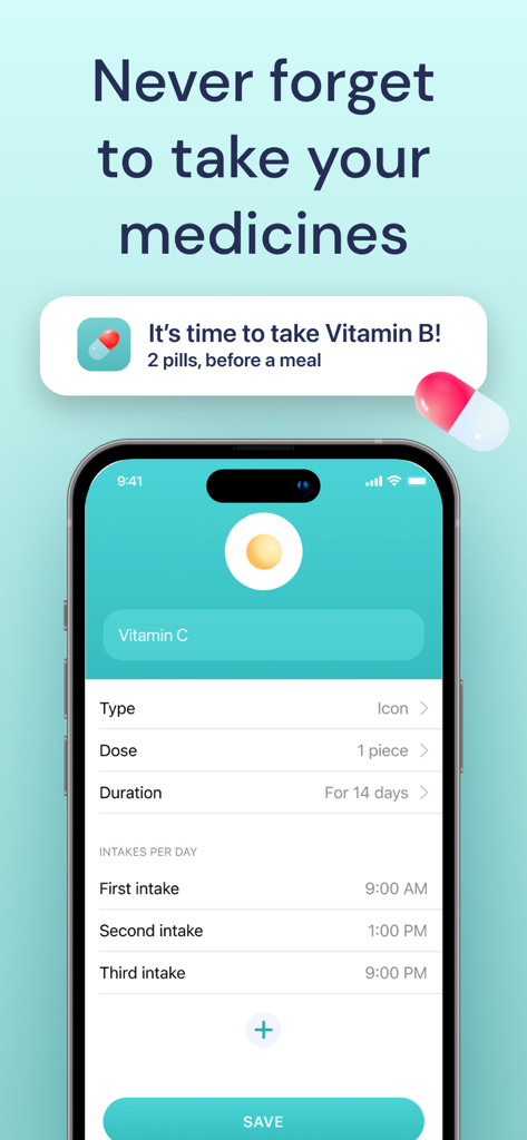 Captura de tela do iPhone mostrando uma notificação de lembrete de medicação e agenda de ingestão no aplicativo Pill Reminder