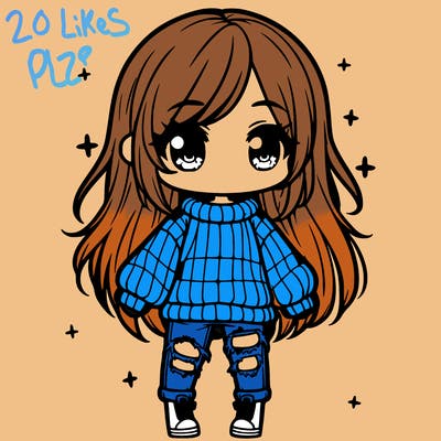 chibi girl with ripped jeans,long hair, and an oversized sweater