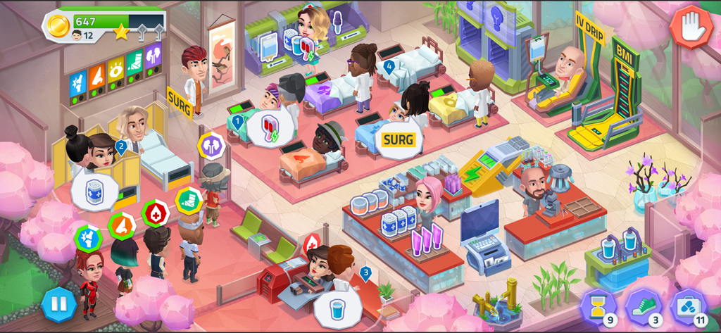 Nurses and doctors treating patients in a colorful hospital ward simulation