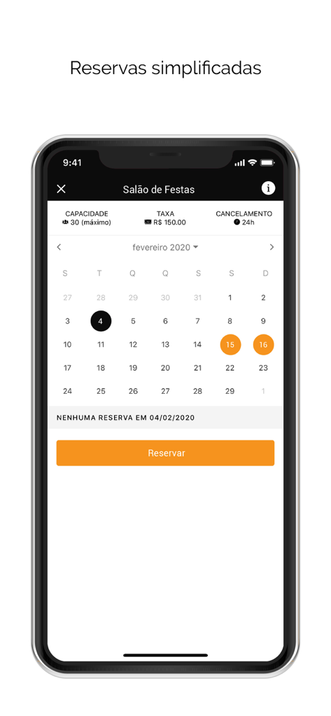 Gesta Administradora - Oberfläche der Gesta Administradora-App, die einen Kalender für Reservierungen von Partyräumen zeigt