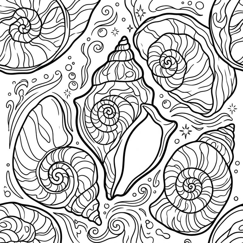 Uncover the beauty of the sea with this delightful conch shell spirals coloring page, perfect for young adventurers. Kids aged 4-8 will love bringing these intricate ocean patterns and whimsical water elements to life with their favorite colors.
