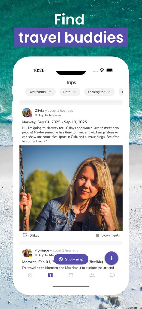 Travel Ladies - Travel Ladies mobile app screen showing a trip post to Norway for finding female travel buddies.