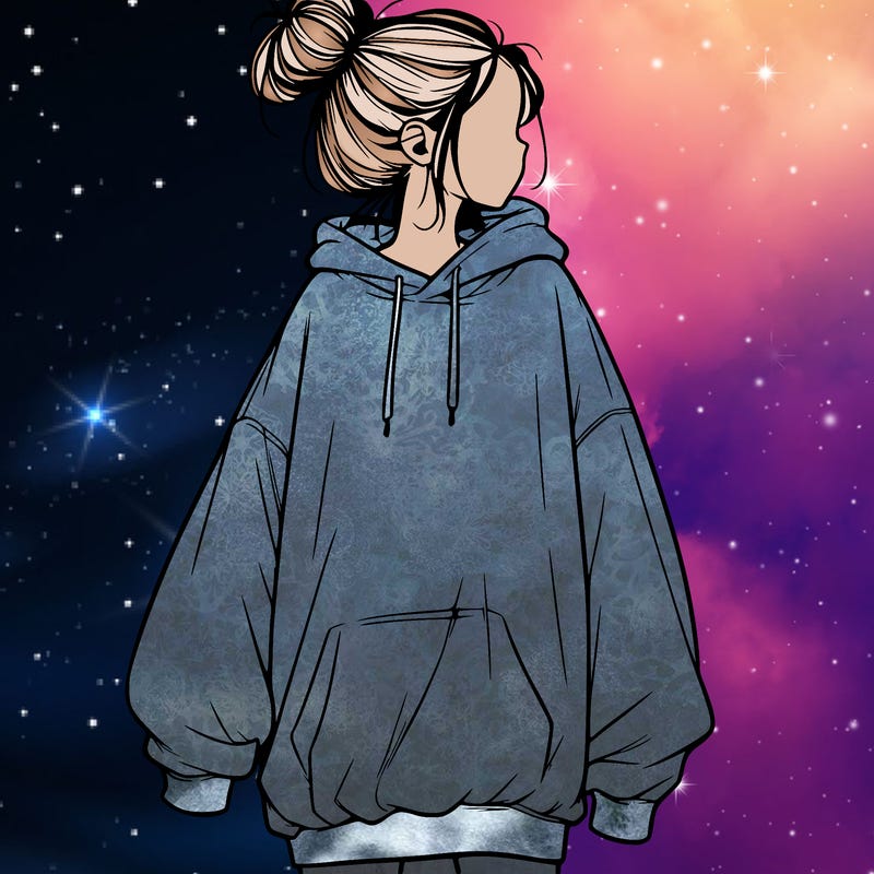 realistic girl with a oversized sweatshirt on and a bun