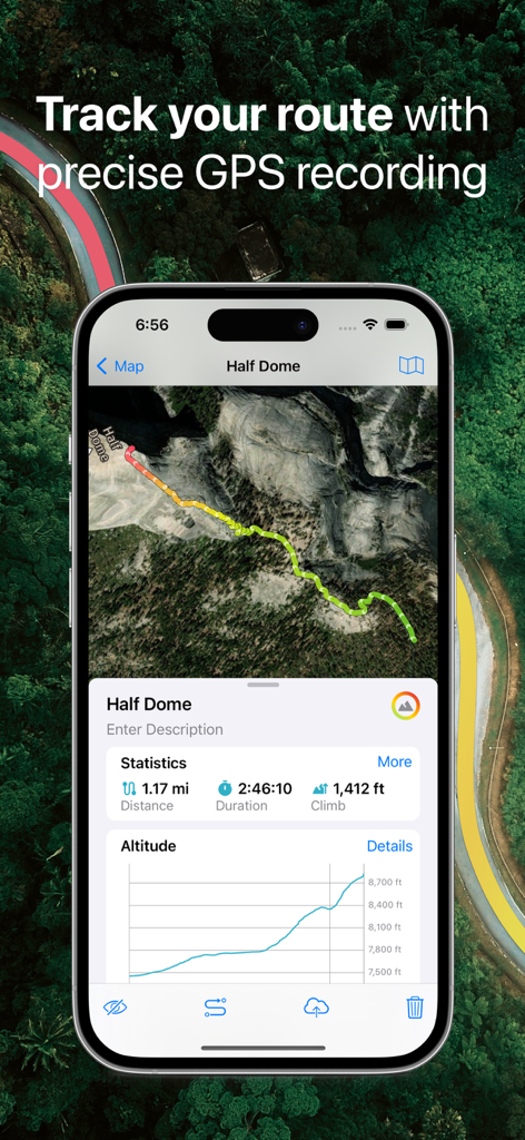 Guru Maps Pro app interface showing a recorded GPS track with statistics for distance duration and altitude on a mountain map