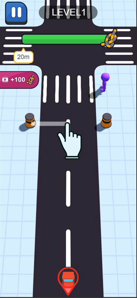 Level 1 gameplay of Rescue Line 3D showing a hand gesture tutorial to draw a rope across a road