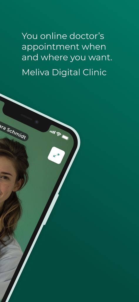 Smartphone screen displaying a video call with a doctor in the Meliva Digital Clinic app
