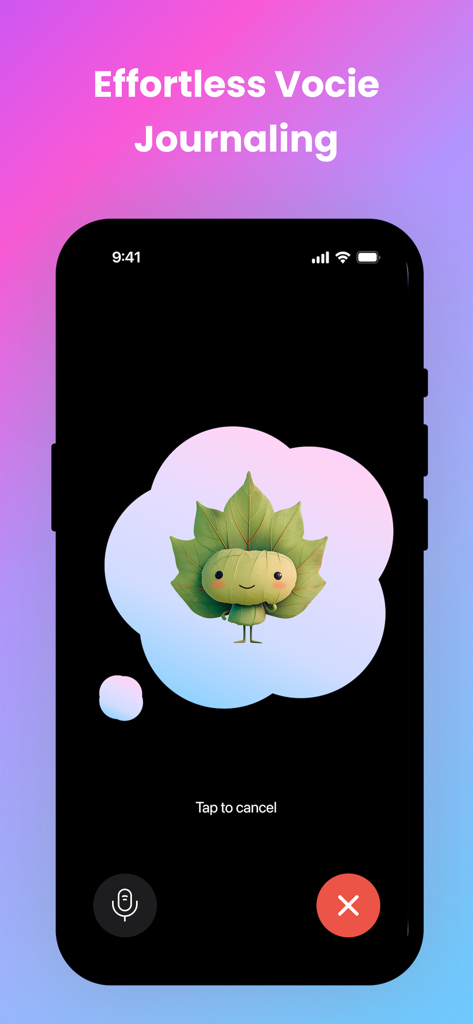 Felt – AI Journal Buddy - Interface do aplicativo Felt mostrando o recurso de diário por voz sem esforço com uma fofa amiga de IA em forma de folha.