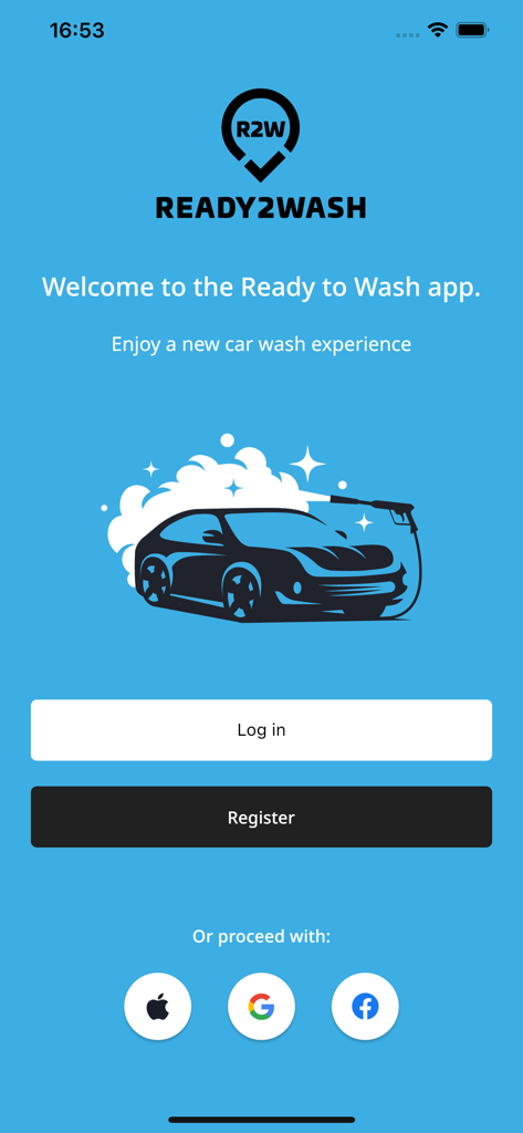 Ready2Wash mobile app welcome screen with login and registration buttons