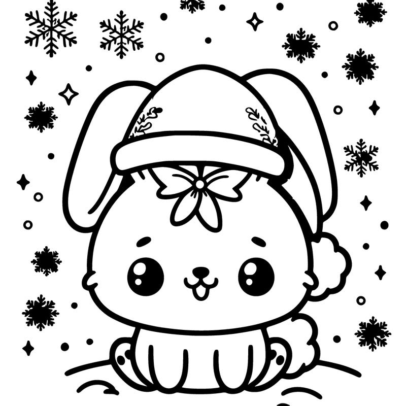 christmas cute white bunny with a christmas hat on and snow flakes in the backround