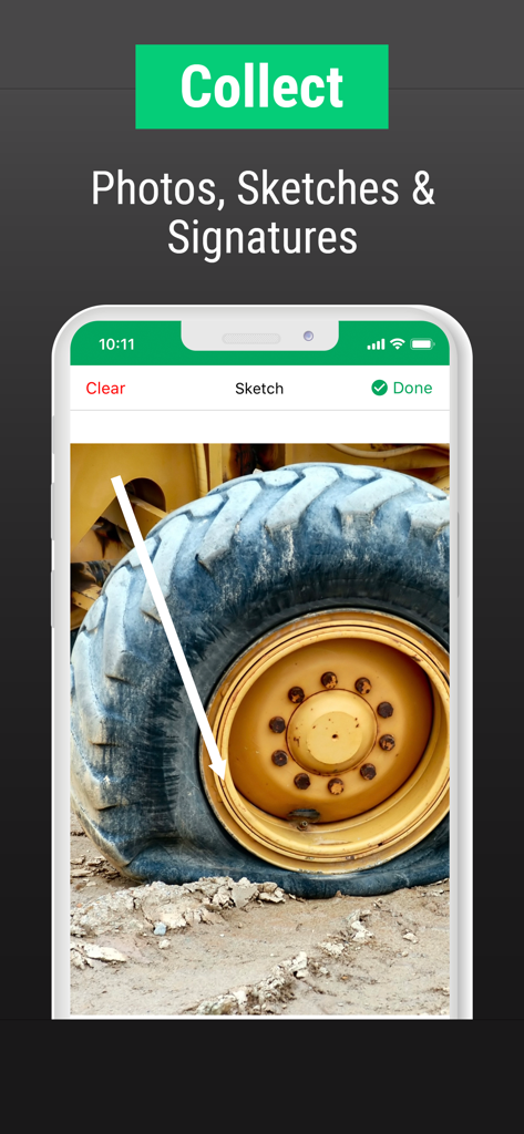 Interfaz de la aplicación Device Magic que muestra una anotación fotográfica de un neumático de vehículo de construcción dañado para la recolección de datos de campo