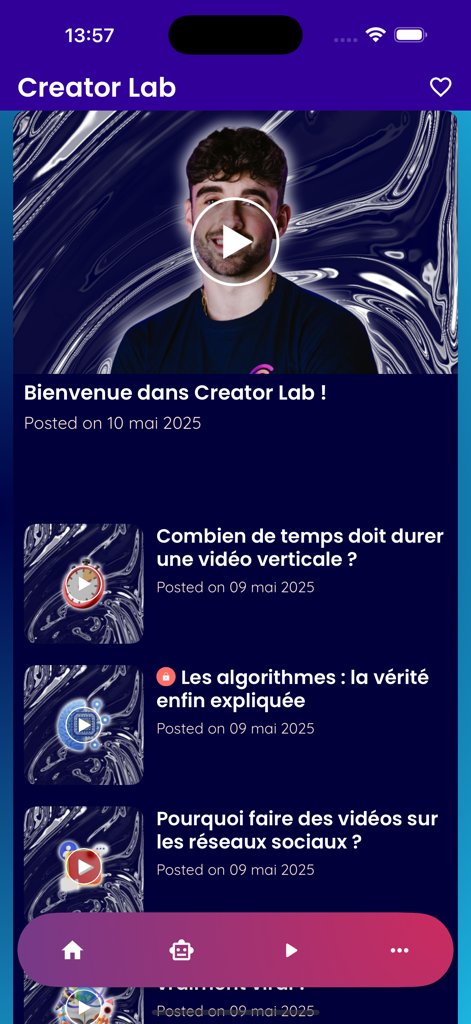 Creator Lab – IA et cours - Startbildschirm der Creator Lab App, der eine Liste von Bildungs-Videolektionen für Social-Media-Creator anzeigt