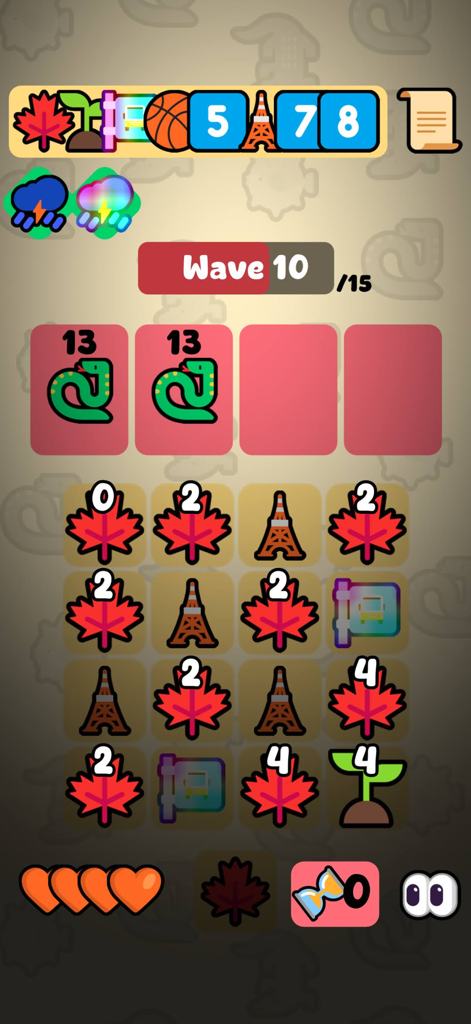 Merge Maestro - Gameplay screenshot of Merge Maestro showing emoji tokens on a grid during wave 10.