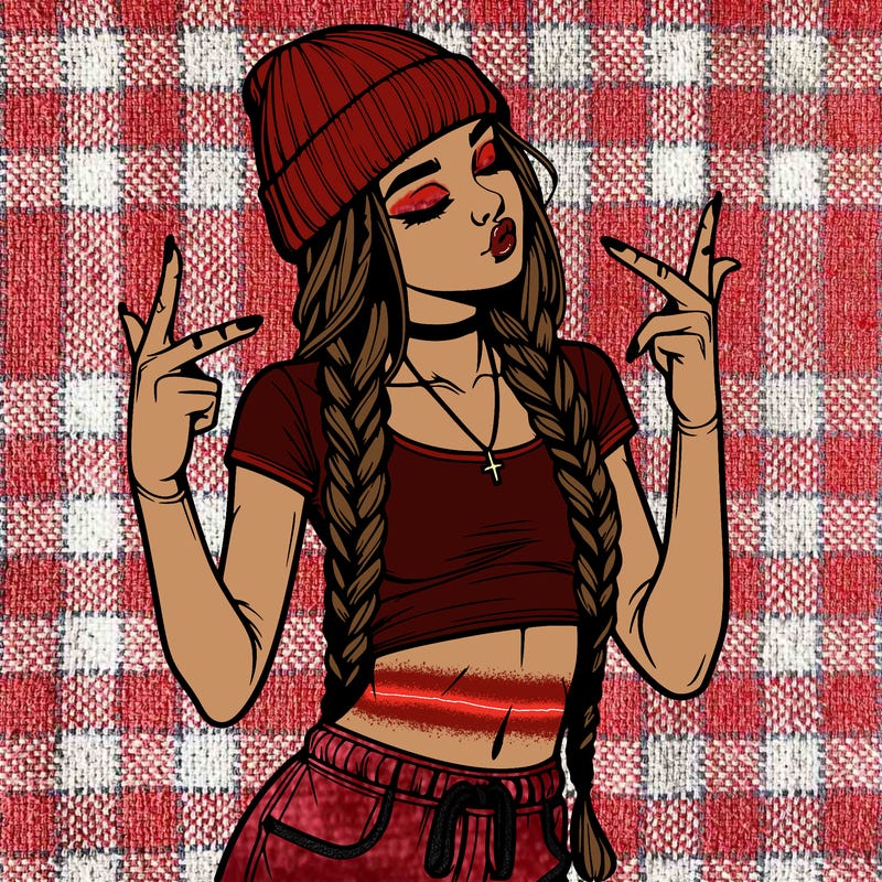 realistic teenage girl with braids and a beanie and crop top doing 🫶🏼