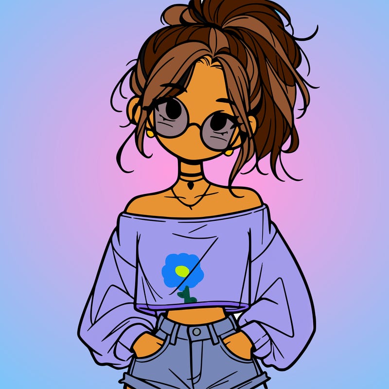 girl with a messy ponytail glasses a baggy crop top and jean shorts