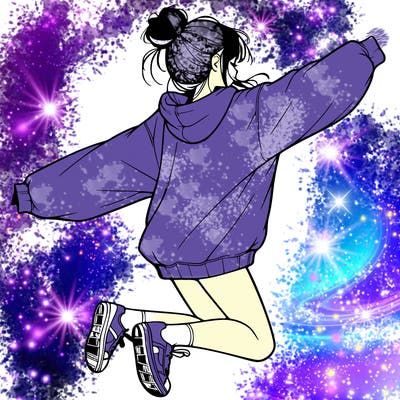 realistic girl jumping with a bun and oversized sweatshirt