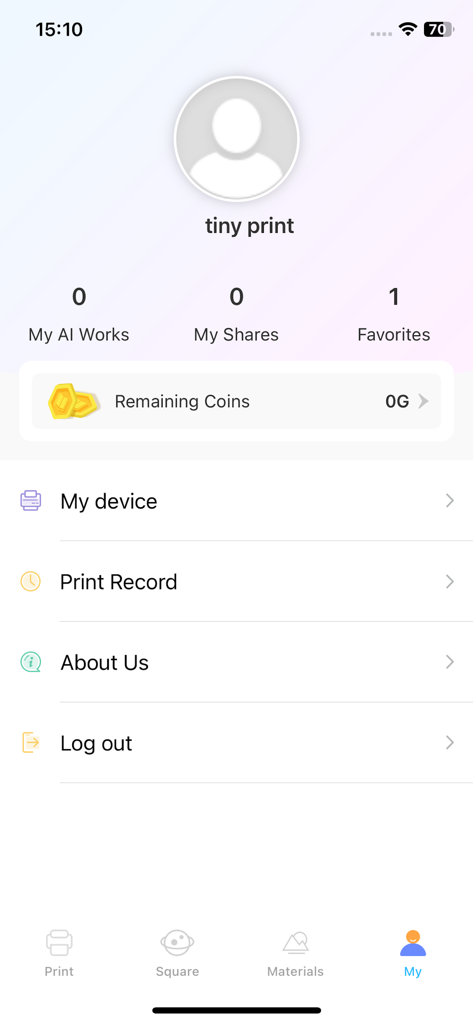 Tiny Print - Tiny Printアプリのユーザープロファイルページ。AI作品の統計、お気に入り、プリンター設定が表示されています。