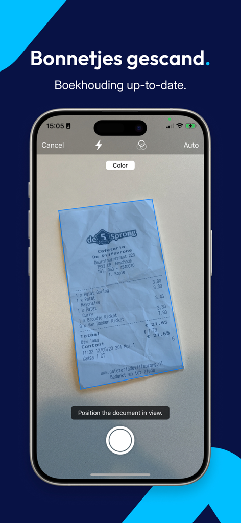Moneybird app interface showing a receipt being scanned with a smartphone camera for expense tracking