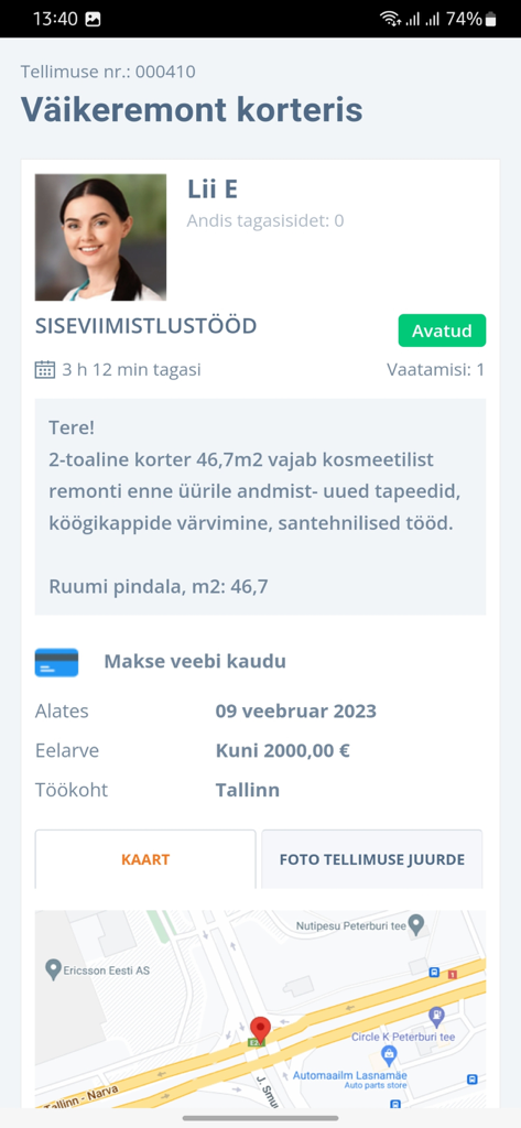 Detailed service request on GetaPro app for apartment renovation in Tallinn showing budget and map
