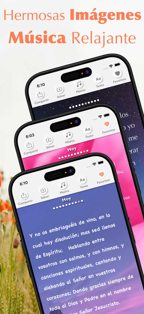Interface of the Santa Biblia Reina Valera 1960 app showing biblical verses with beautiful image backgrounds and relaxing music options