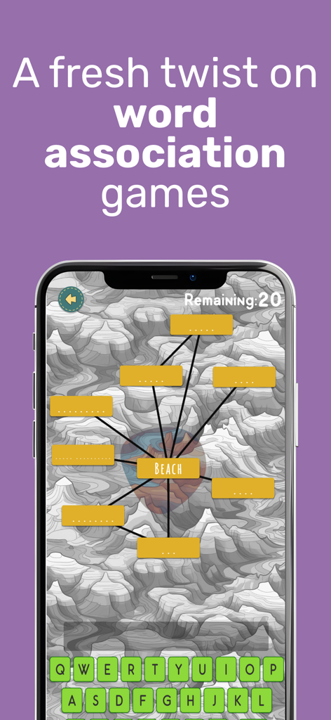 Worlds of Words - Una captura de pantalla del juego móvil Mundos de Palabras que muestra un rompecabezas de asociación de palabras con casillas conectadas sobre un fondo de mapa topográfico