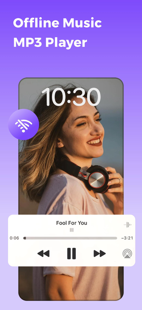 Music Muse-MuseWeaver - Music Muse app interface showing offline MP3 music playback with media controls and a no wifi symbol