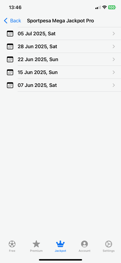 App screen showing a schedule of Sportpesa Mega Jackpot Pro dates