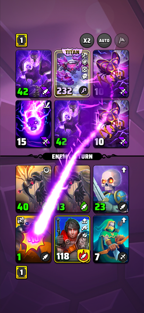 Ein rundenbasierter Kartenkampf in Black Deck TCG, der Fantasy-Helden zeigt, die gegen einen mächtigen Titanen kämpfen