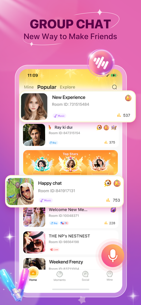 OneR: Live Voice Chat - Interfaz de la aplicación OneR mostrando salas de chat de voz populares para socializar en grupo