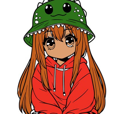 girl with anime shaped eyes with a dinosaur bucket hat oversized sweatshirt long straight hair