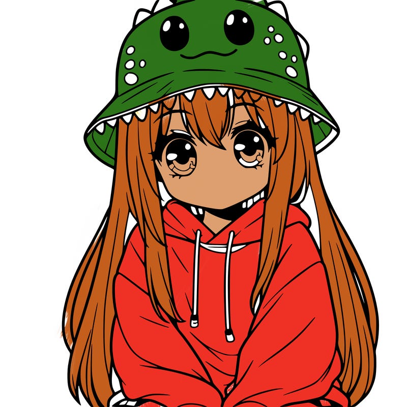 girl with anime shaped eyes with a dinosaur bucket hat oversized sweatshirt long straight hair