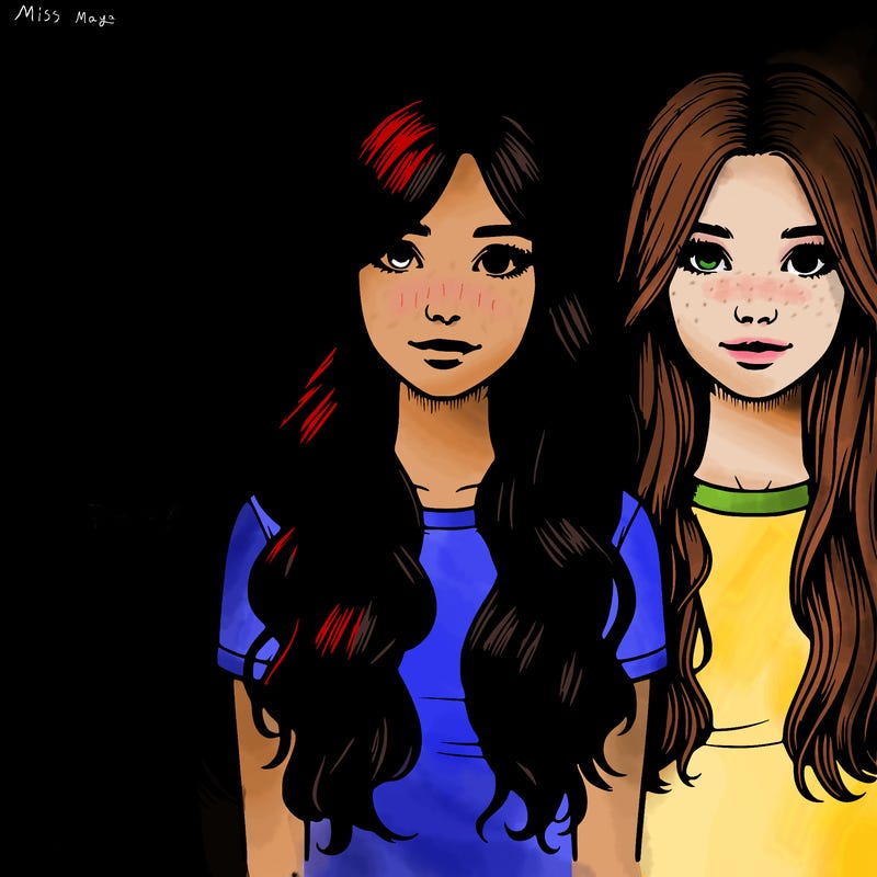 realistic group of 3 teen girls with really long hair, short hair, and medium length hair