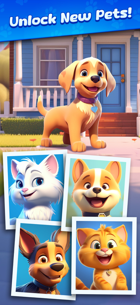 Sweetie Legends - A group of cute kittens and puppies featured in Polaroid photos with a puppy standing in front of a suburban house.