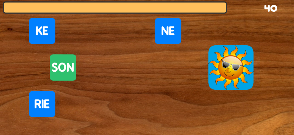 Schreiben mit Silben Pro - Interface de jogo educacional mostrando peças de sílabas alemãs e um personagem de sol em um fundo de madeira